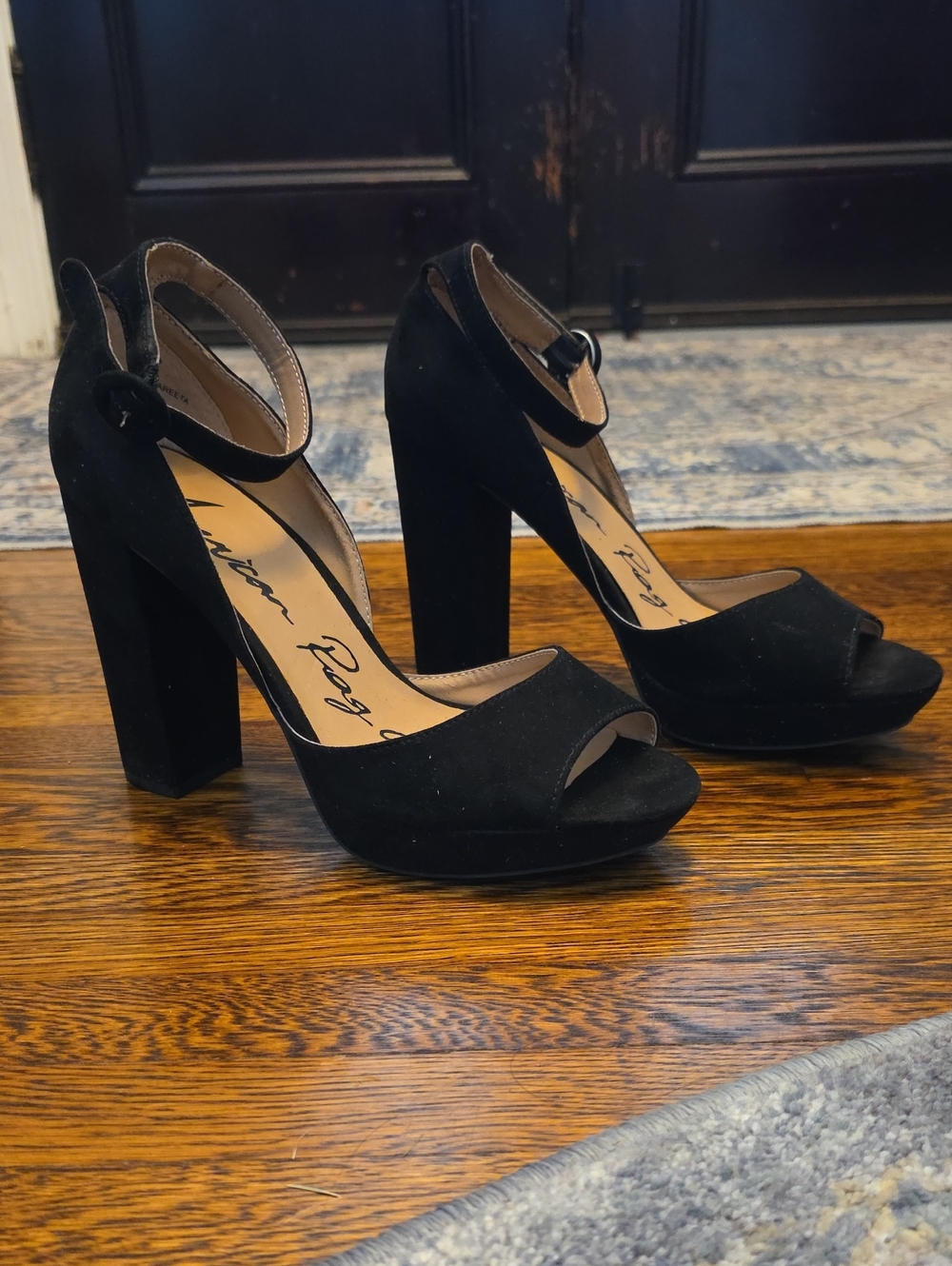 American Rag Black Suede Peep-Toe Block Heels with Ankle Strap